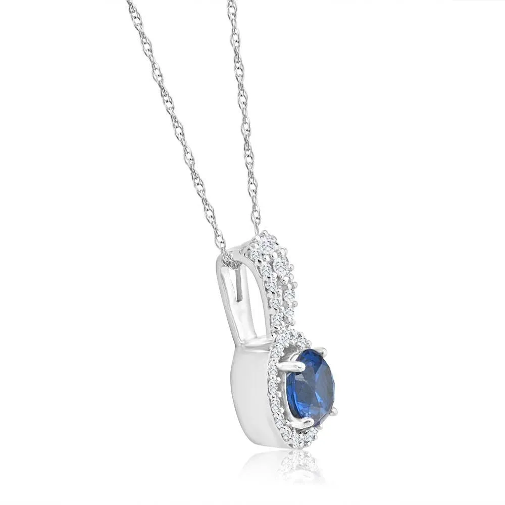 1 1/2Ct TW Blue Sapphire Halo Diamond Pendant 10k White Gold Women's Necklace