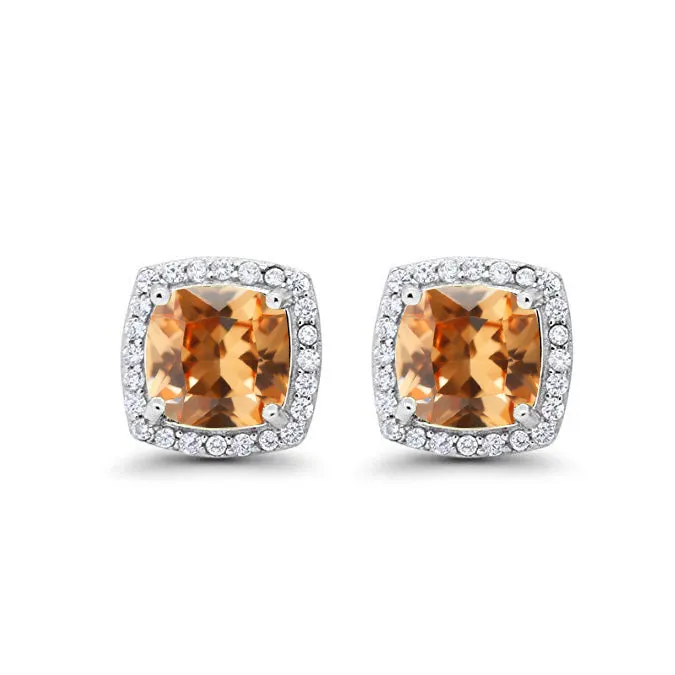 10k White Gold Plated 1 Ct Created Halo Princess Cut Citrine Stud Earrings