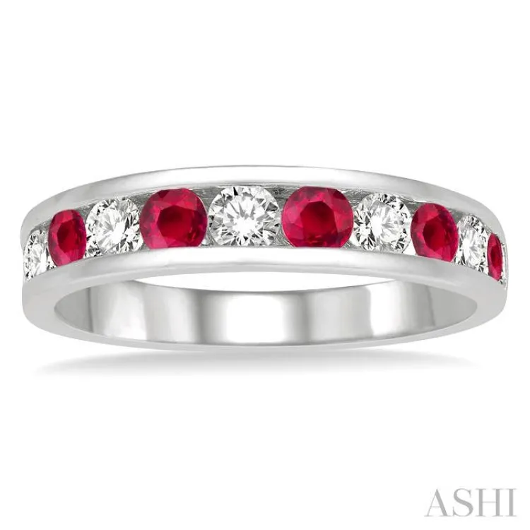 1/2 ctw Round Cut Diamond and 2.9MM Ruby Precious Wedding Band in 14K White Gold