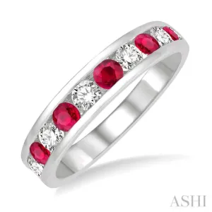 1/2 ctw Round Cut Diamond and 2.9MM Ruby Precious Wedding Band in 14K White Gold