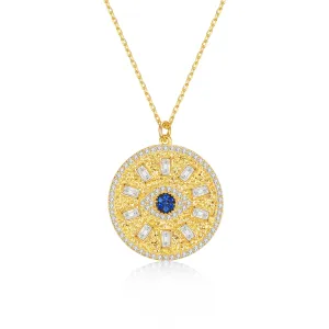 14k Gold Plated with Blue Sapphire & Cubic Zirconia Mandala Medallion Pendant Necklace