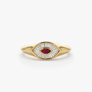 14k Marquise Shaped Ruby and Baguette Diamond Ring