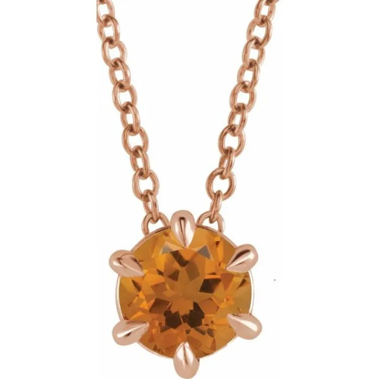 14K Rose 5 mm Natural Citrine Solitaire 16-18" Necklace