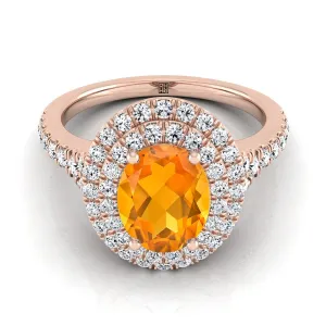 14K Rose Gold Oval Citrine Double Halo with Scalloped Pavé Diamond Engagement Ring -1/2ctw