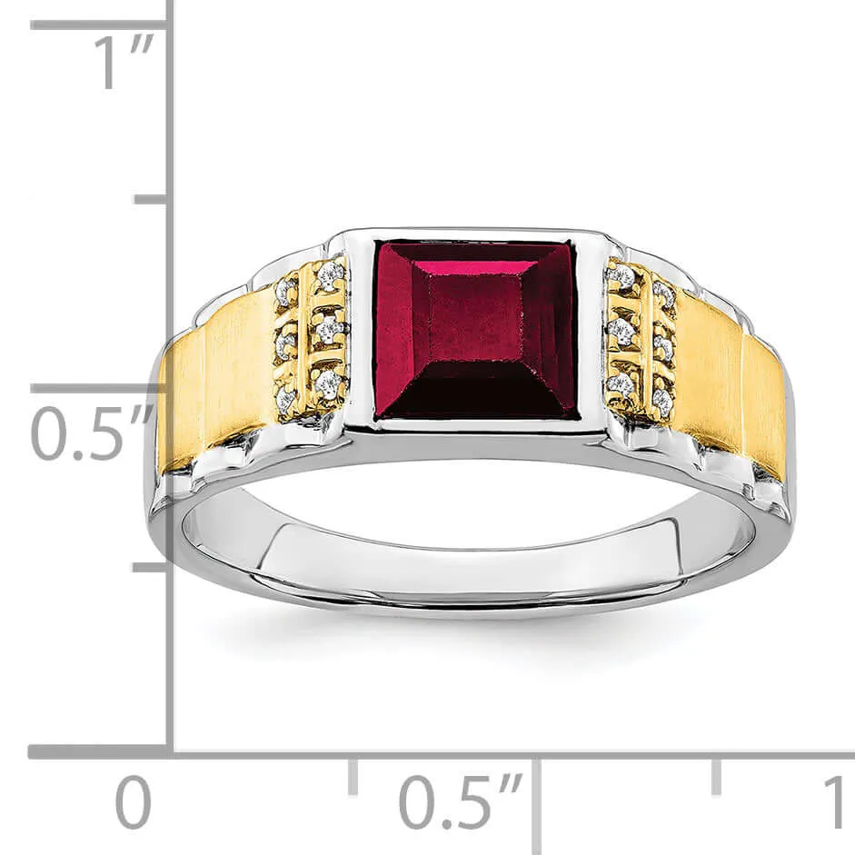 14k Two-tone Created Ruby and Diamond Men,s Ring.