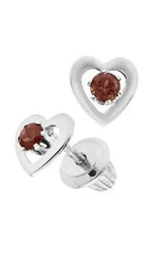 14K White Gold Garnet Heart Earring