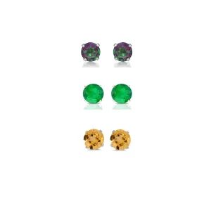 14k White Gold Plated 1Ct Created Mystic Topaz, Emerald and Citrine 3 Pair Round Stud Earrings