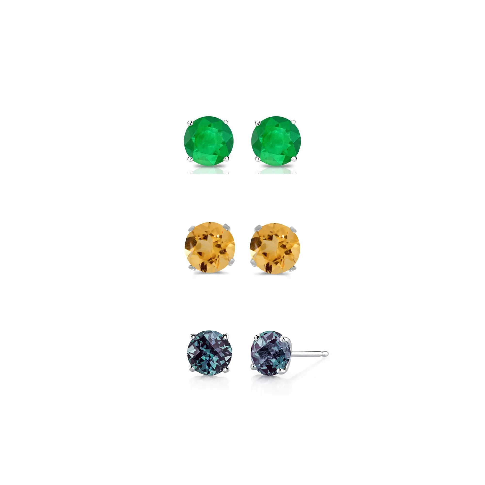 14k White Gold Plated 3Ct Created Emerald, Citrine and Alexandrite 3 Pair Round Stud Earrings