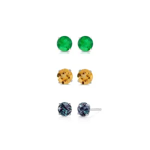 14k White Gold Plated 3Ct Created Emerald, Citrine and Alexandrite 3 Pair Round Stud Earrings