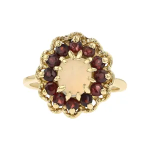 14K Yellow Gold Cabochon Opal and Garnet Halo Ring