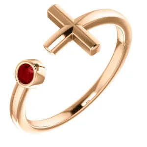 14KT GOLD .09 CT RUBY BEZEL-SET CUFF CROSS RING