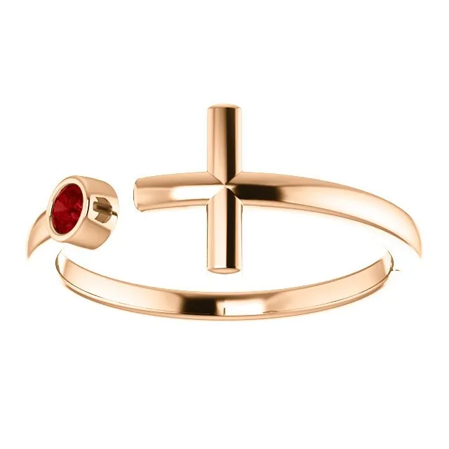 14KT GOLD .09 CT RUBY BEZEL-SET CUFF CROSS RING