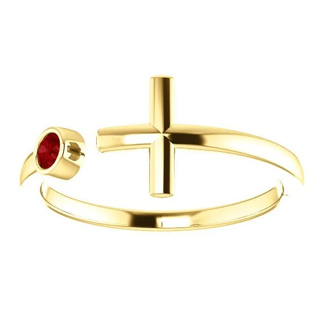 14KT GOLD .09 CT RUBY BEZEL-SET CUFF CROSS RING