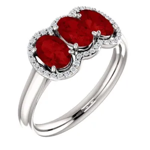 14KT GOLD 1.80 CTW RUBY & .10 CTW DIAMOND 3 STONE OVAL HALO RING