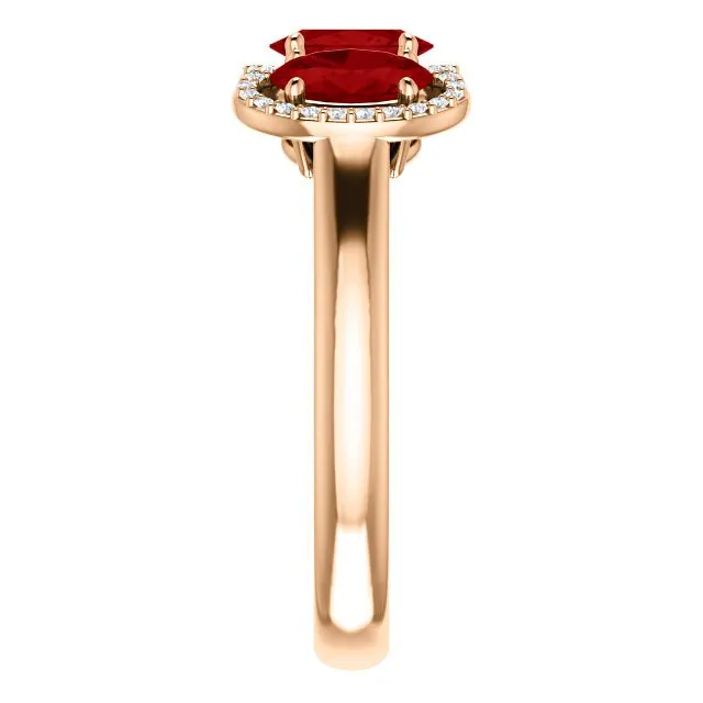 14KT GOLD 1.80 CTW RUBY & .10 CTW DIAMOND 3 STONE OVAL HALO RING