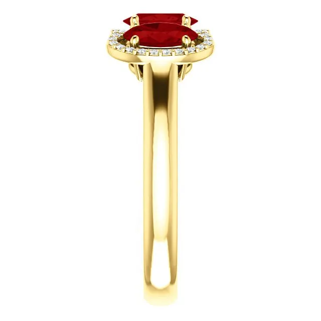 14KT GOLD 1.80 CTW RUBY & .10 CTW DIAMOND 3 STONE OVAL HALO RING