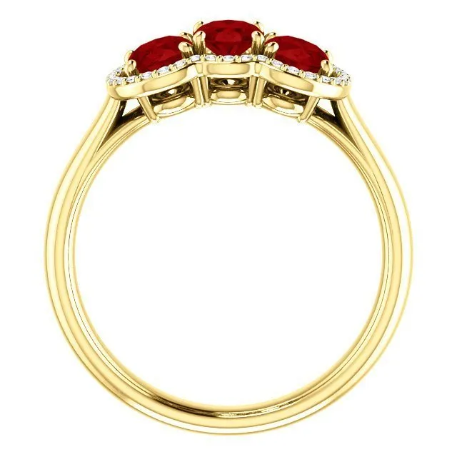 14KT GOLD 1.80 CTW RUBY & .10 CTW DIAMOND 3 STONE OVAL HALO RING