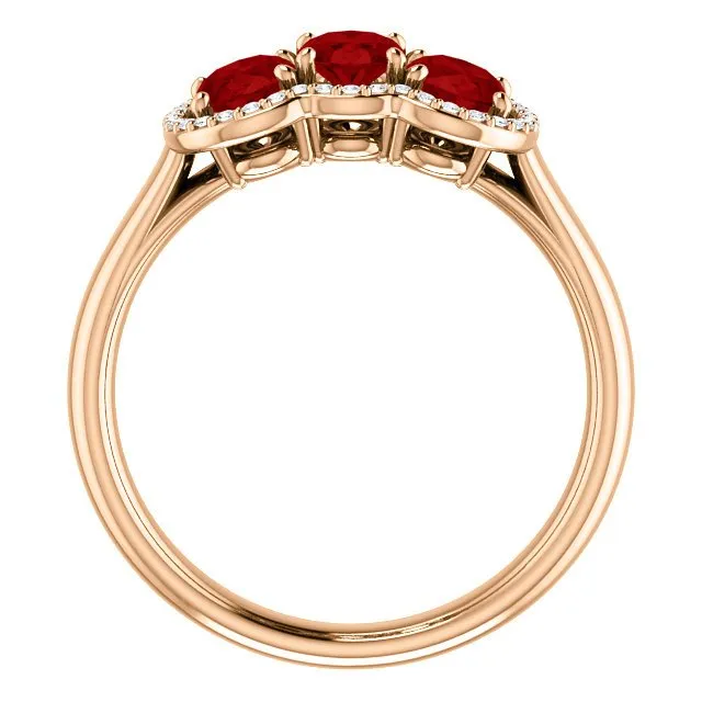 14KT GOLD 1.80 CTW RUBY & .10 CTW DIAMOND 3 STONE OVAL HALO RING