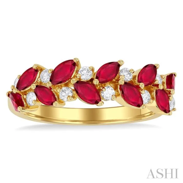 1/5 ctw Leafy 4X2 MM Marquise Cut Ruby and Round Cut Diamond Precious Band in 14K Yellow Gold