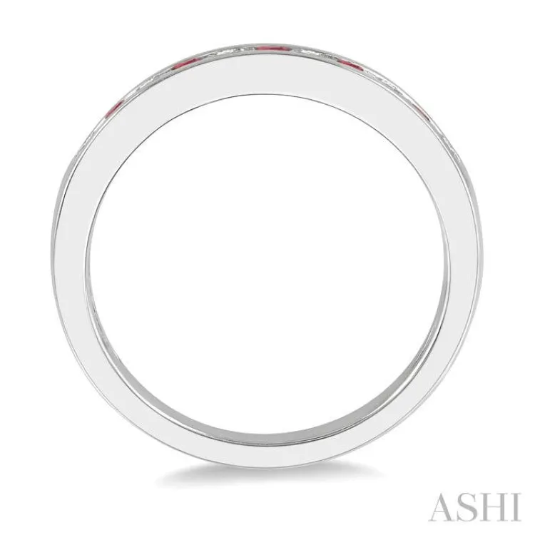 1/5 ctw Round Cut Diamond and 2MM Ruby Precious Wedding Band in 14K White Gold