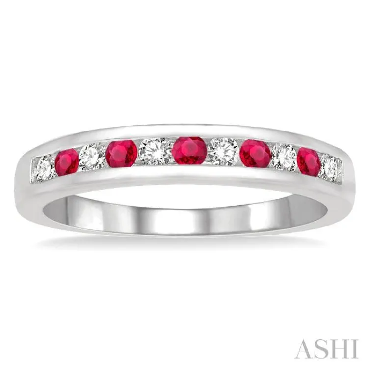 1/5 ctw Round Cut Diamond and 2MM Ruby Precious Wedding Band in 14K White Gold