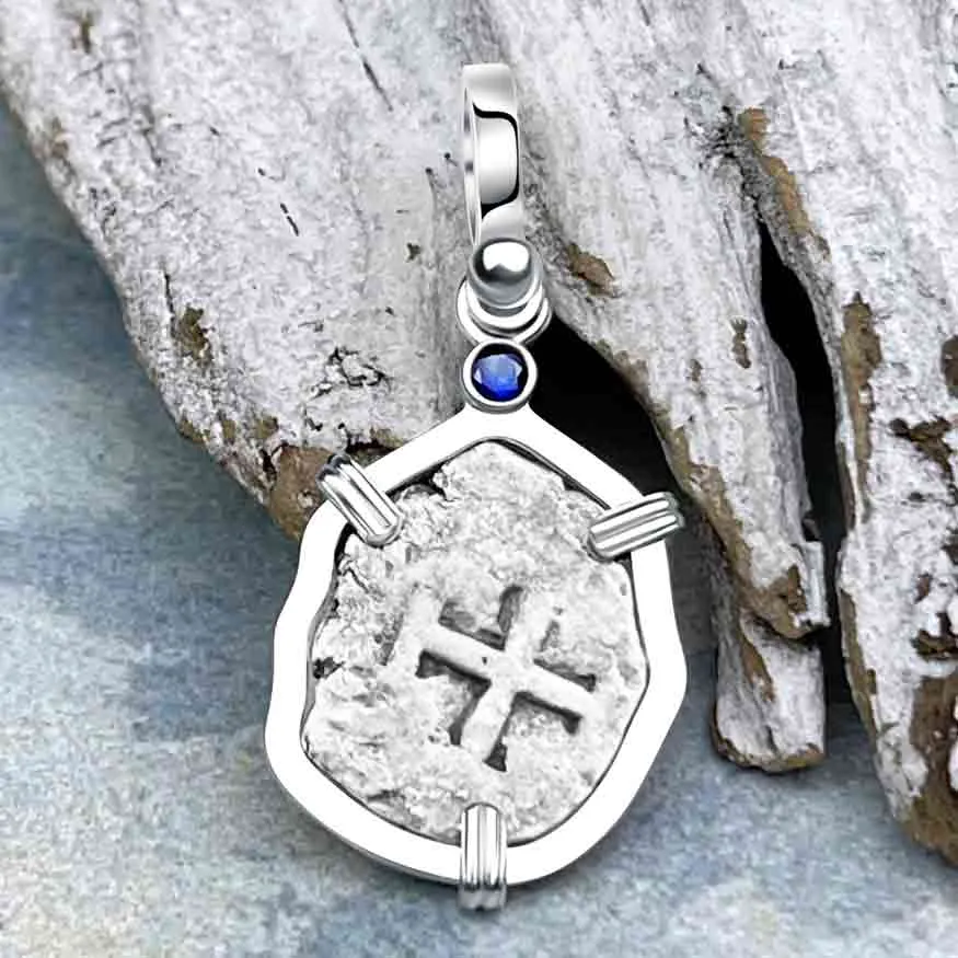 1720s Rimac River "Good Luck" Spanish 1/2 Reale "Piece of Eight" Sterling Silver with Blue Sapphire Pendant | Artifact #8240