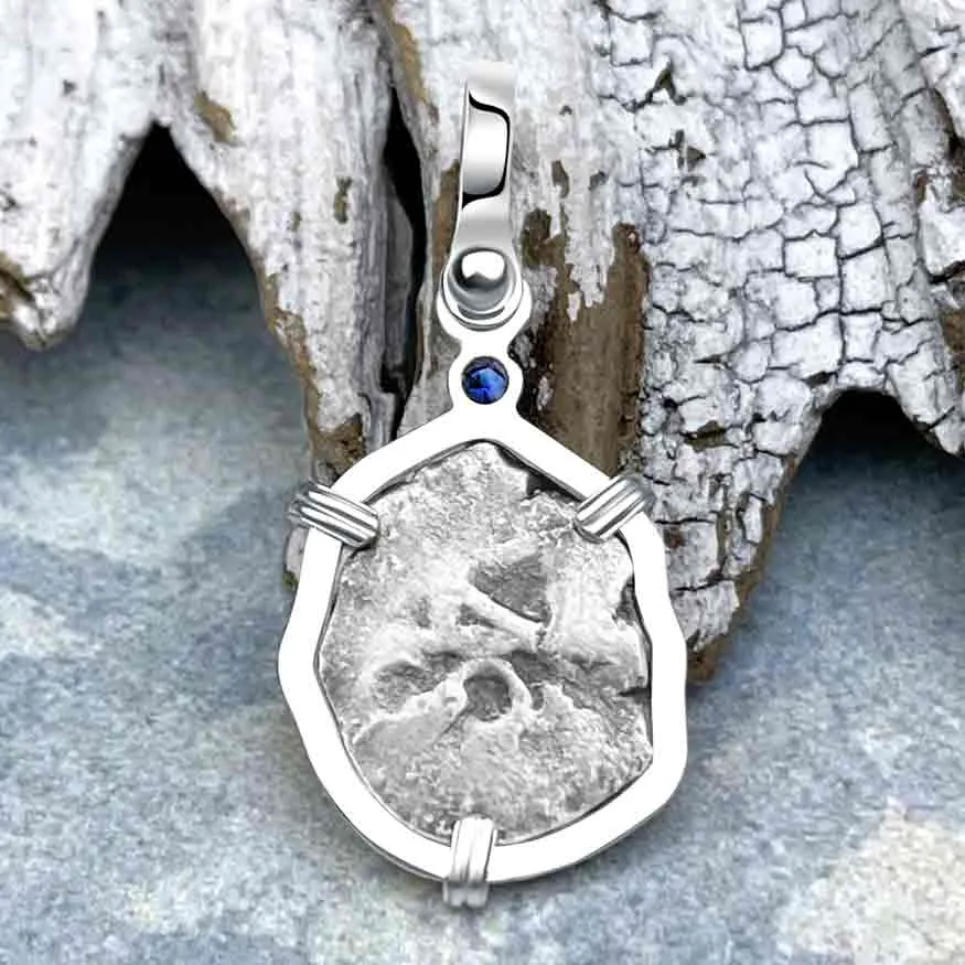 1720s Rimac River "Good Luck" Spanish 1/2 Reale "Piece of Eight" Sterling Silver with Blue Sapphire Pendant | Artifact #8240