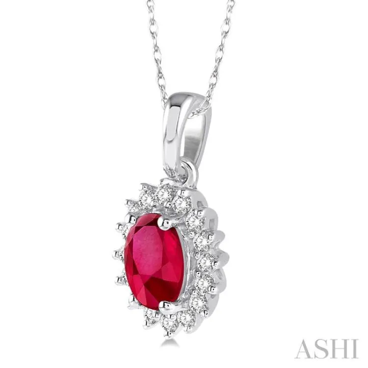 1/8 Ctw Round Cut Diamond and Oval Cut 6x4mm Ruby Center Sunflower Precious Pendant in 10K White Gold with chain