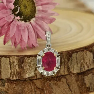 18ct White Gold Oval Ruby & Diamond Halo Pendant