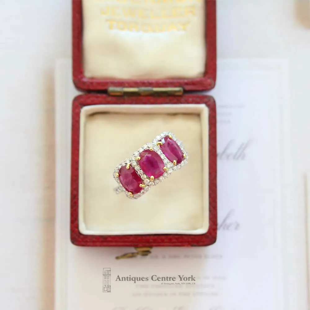 18ct White Gold Ruby & Diamond Triple Cluster Ring