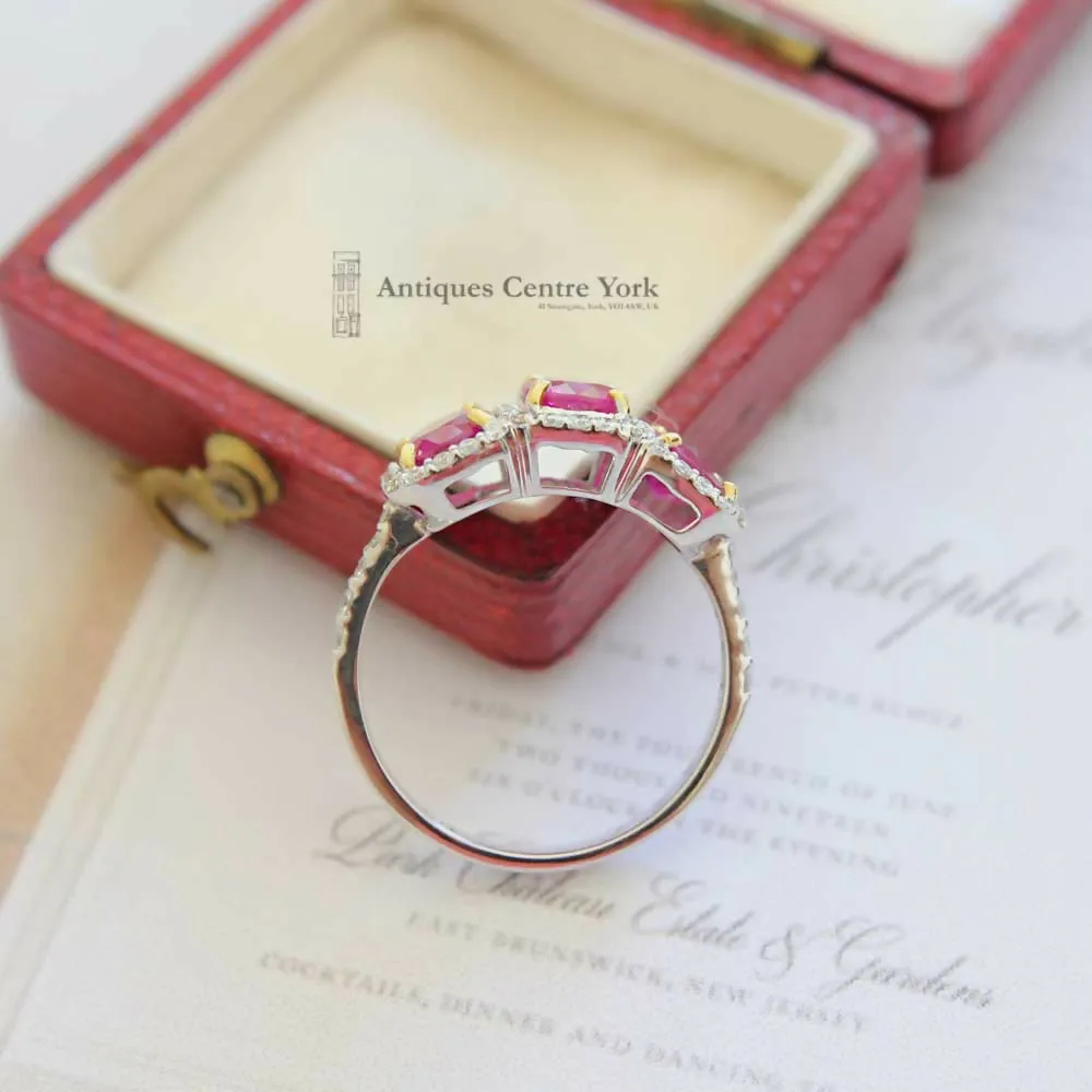 18ct White Gold Ruby & Diamond Triple Cluster Ring