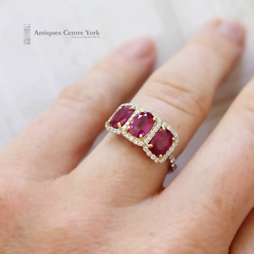 18ct White Gold Ruby & Diamond Triple Cluster Ring