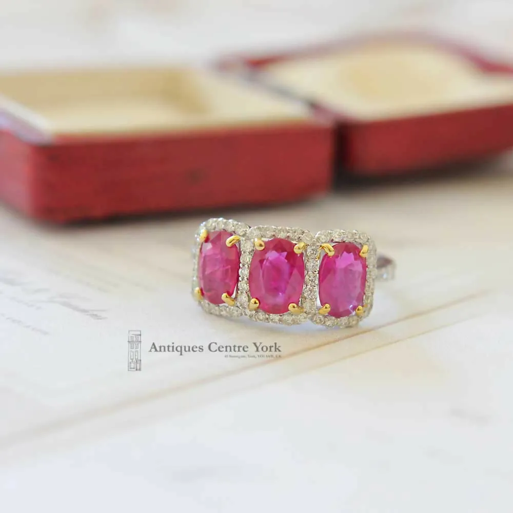 18ct White Gold Ruby & Diamond Triple Cluster Ring