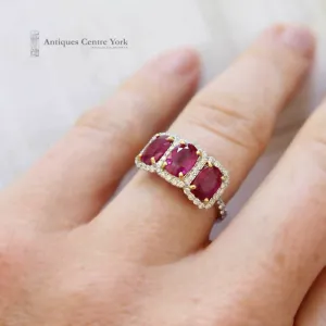 18ct White Gold Ruby & Diamond Triple Cluster Ring