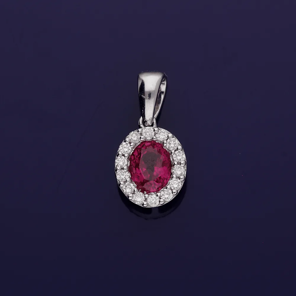 18ct White Gold Ruby and Diamond Oval Cluster Halo Pendant