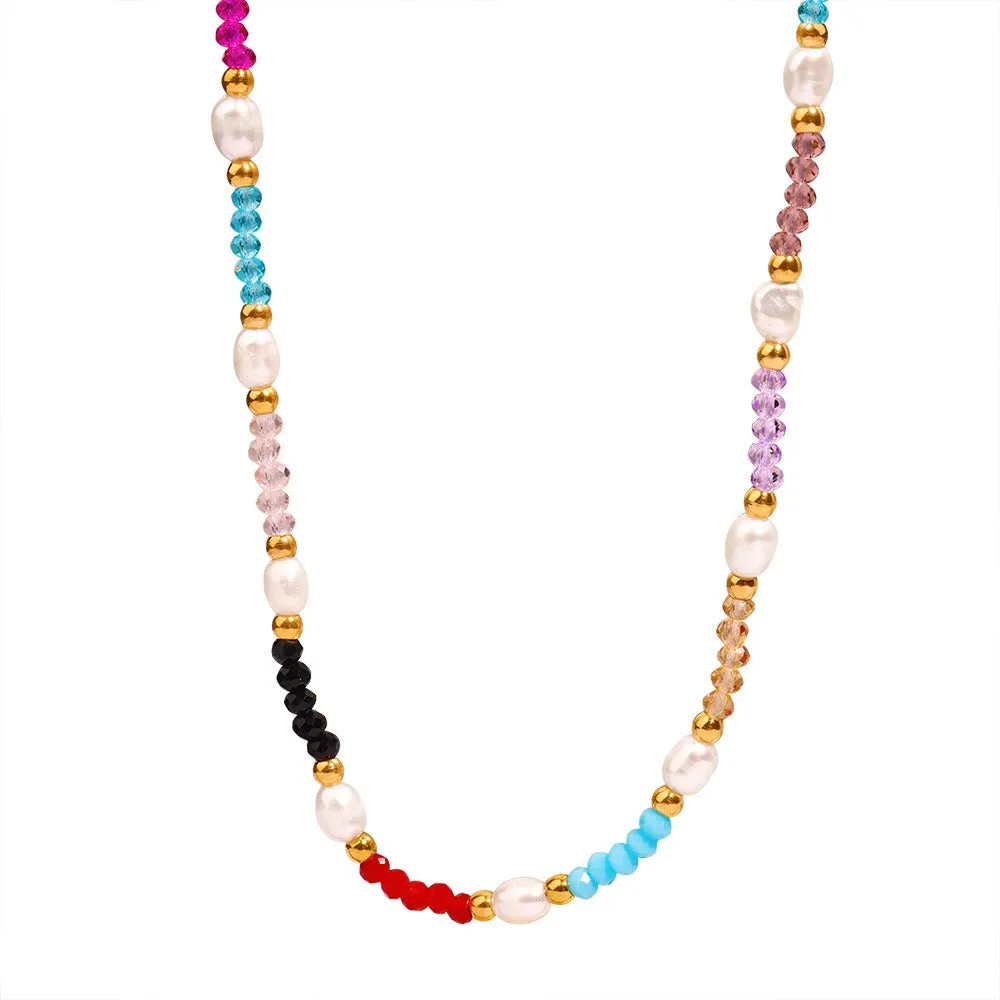 18K gold simple and elegant gemstone and pearl bead design necklace