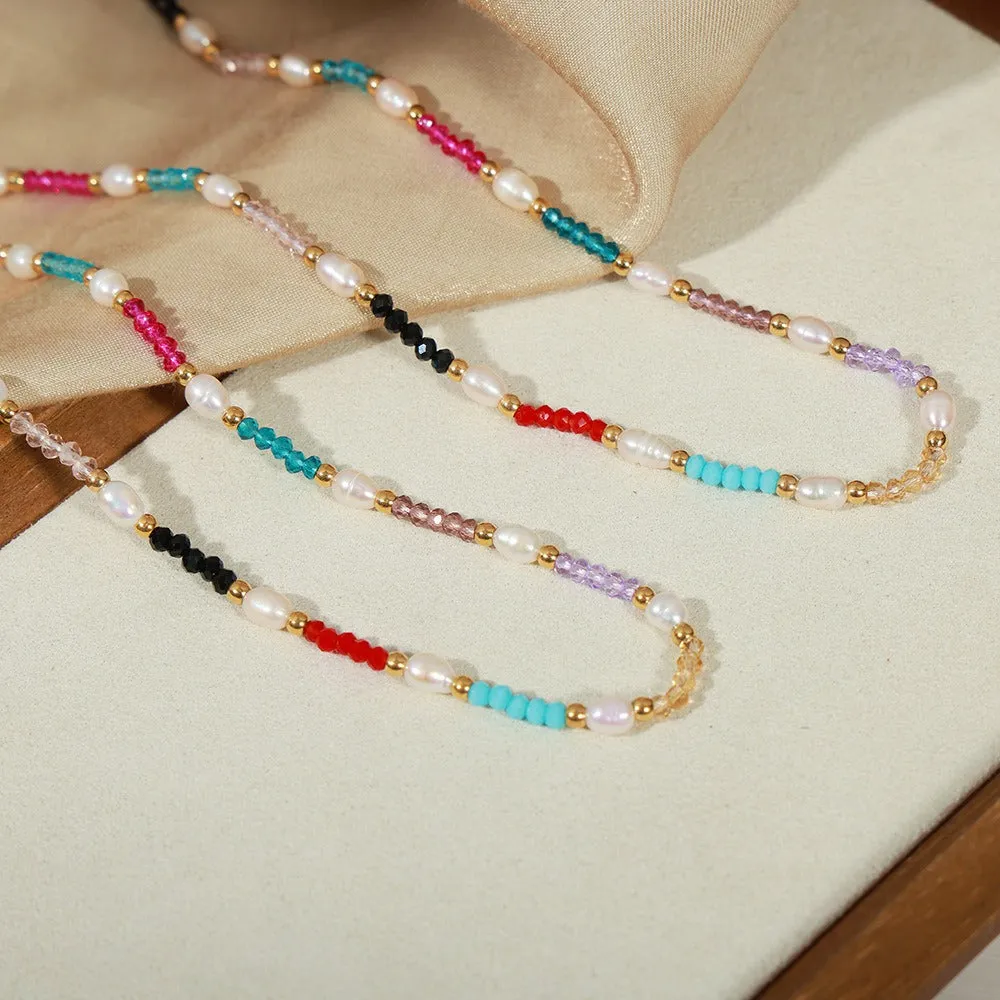 18K gold simple and elegant gemstone and pearl bead design necklace