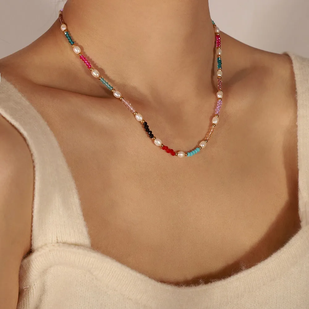 18K gold simple and elegant gemstone and pearl bead design necklace