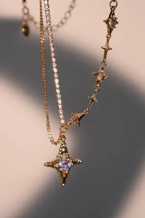 18K Real Gold Plated Blue Cross Purple Gem Star Necklace