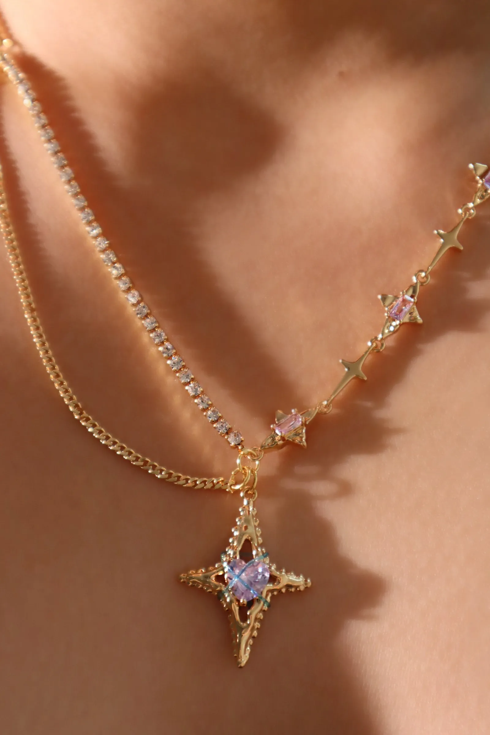 18K Real Gold Plated Blue Cross Purple Gem Star Necklace