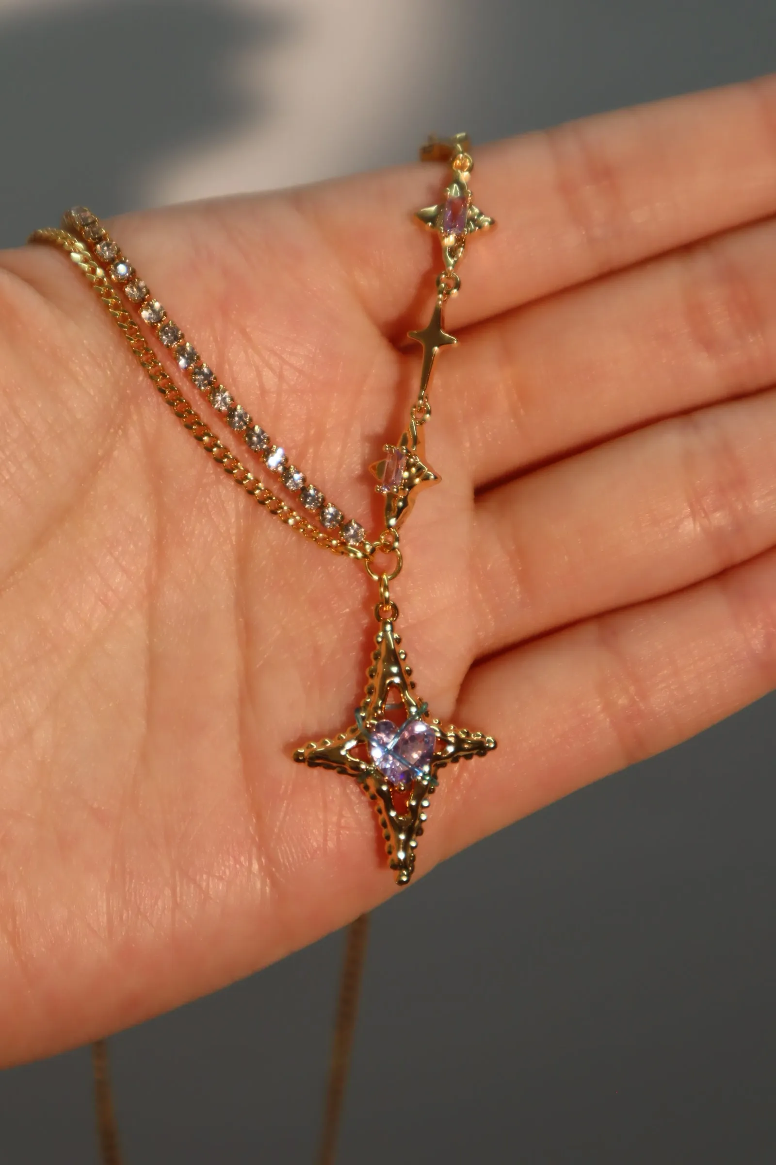 18K Real Gold Plated Blue Cross Purple Gem Star Necklace