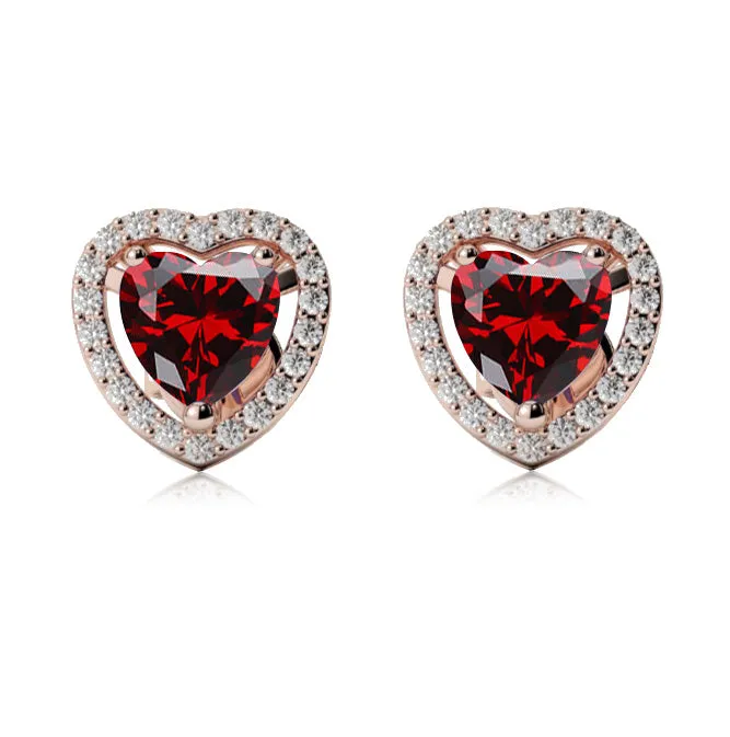 18k Rose Gold Plated 1 Ct Created Halo Heart Garnet Stud Earrings