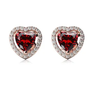 18k Rose Gold Plated 1 Ct Created Halo Heart Garnet Stud Earrings