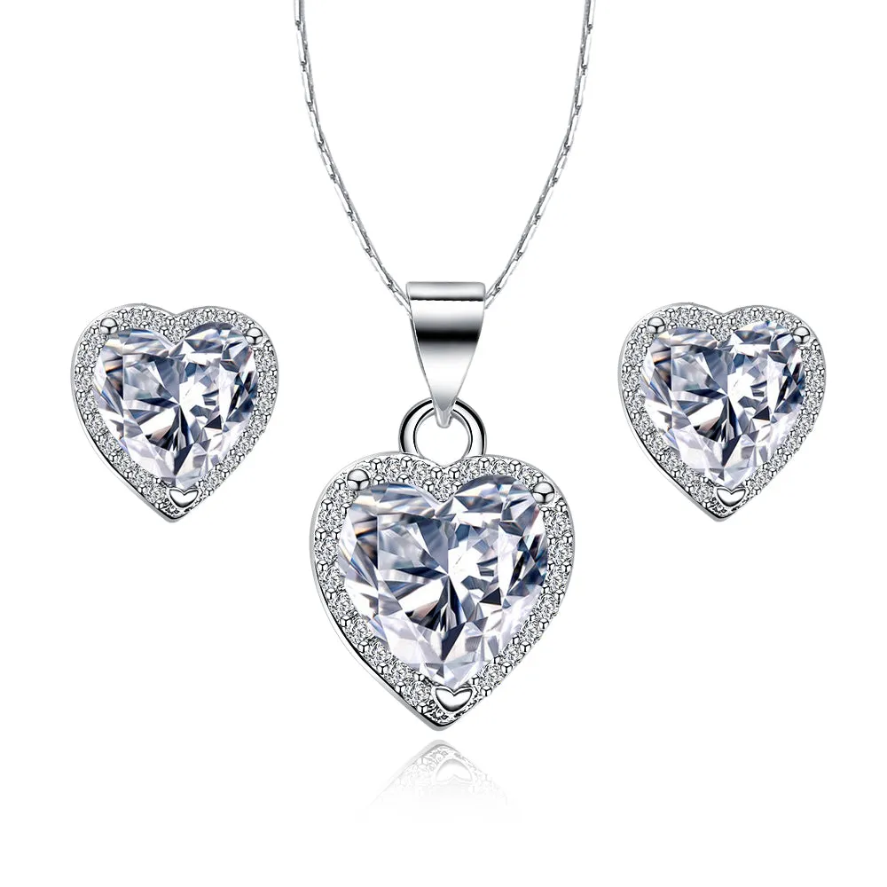 18k White Gold Plated Heart 1/2 Carat Created White Sapphire Full Set Necklace 18 inch