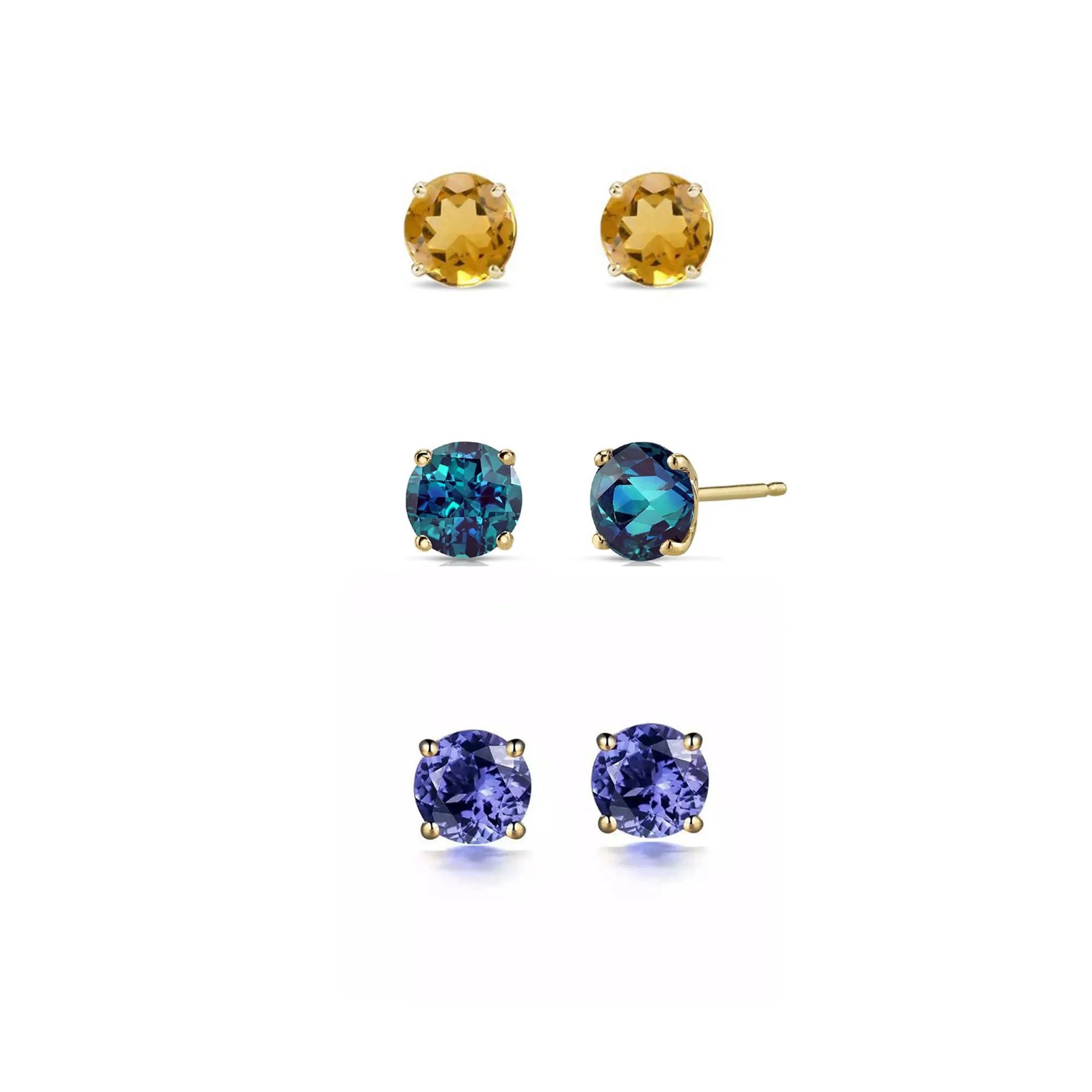 18k Yellow Gold Plated 1/2Ct Created Citrine, Alexandrite and Tanzanite 3 Pair Round Stud Earrings