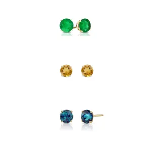 18k Yellow Gold Plated 2Ct Created Emerald, Citrine and Alexandrite 3 Pair Round Stud Earrings