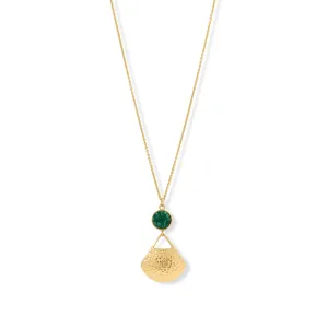 18"   1"   1" 14 Karat Gold Plated Green Druzy and Fan Necklace