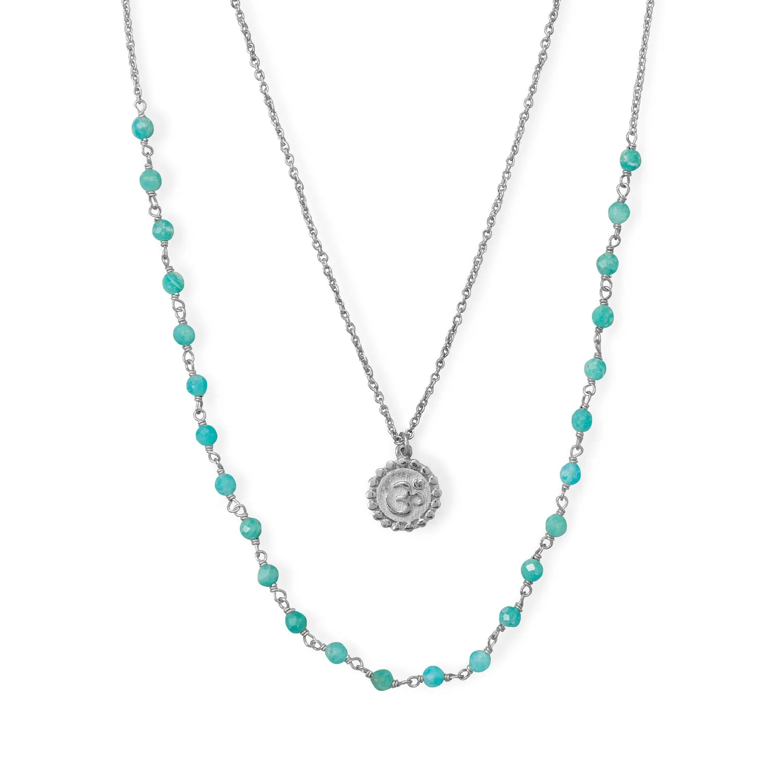 18"/21" 2" Rhodium Plated Amazonite Om Necklace