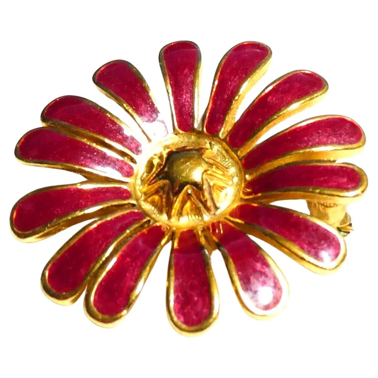 1960s Mid-Century Dark Pink Enamel Gold Tone Flower Modernist Brooch