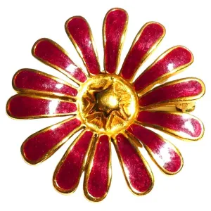 1960s Mid-Century Dark Pink Enamel Gold Tone Flower Modernist Brooch